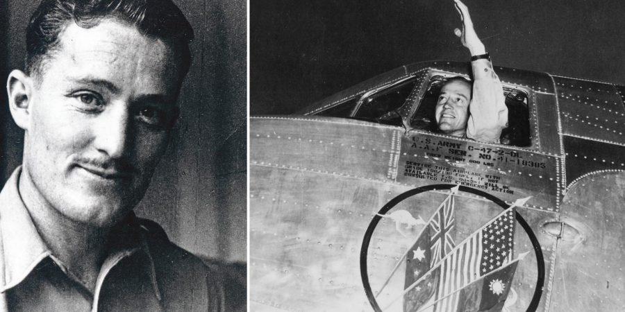 一幅拼贴作品，由两张黑白照片组成——左侧是一张肖像照，右侧是一位飞行员从机窗挥手致意，两人分别是 Roy Farrell 和 Sydney de Kantzow，他们於 1946 年执飞国泰航空的首航。